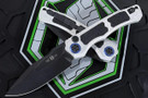 Heretic Wraith V4 S/E Auto - Clip Point Battleworn Black MagnaCut Blade - Blizzard Chassis - Blue Ti Collar