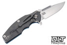 Hinderer Jurassic Frontier Clip Point MagnaCut - Working Finish Titanium - Stonewashed Blade - Blue & Black G-10 - Back