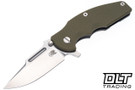 Hinderer Jurassic Frontier Clip Point MagnaCut - Working Finish Titanium - Stonewashed Blade - OD Green G-10