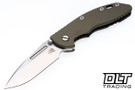 Hinderer 3.5" XM-18 Non Flipper Fullered Spear 20CV - Battle Bronze Anodized Titanium - Stonewashed Blade - OD Green G-10