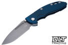 Hinderer 3.5" XM-18 Non Flipper Fullered Spear 20CV - Battle Blue Anodized Titanium - Working Finish Blade - Blue & Black G-10