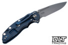 Hinderer 3.5" XM-18 Non Flipper Fullered Spear 20CV - Battle Blue Anodized Titanium - Working Finish Blade - Blue & Black G-10 - Back