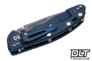 Hinderer 3.5" XM-18 Non Flipper Fullered Spear 20CV - Battle Blue Anodized Titanium - Working Finish Blade - Blue & Black G-10