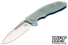 Hinderer 3.5" XM-18 Non Flipper Fullered Spear 20CV - Blue Anodized Titanium - Stonewashed Blade - Translucent Green G-10