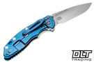 Hinderer 3.5" XM-18 Non Flipper Fullered Spear 20CV - Blue Anodized Titanium - Stonewashed Blade - Translucent Green G-10 - Back