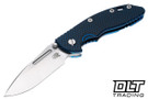 Hinderer 3.5" XM-18 Non Flipper Fullered Spear 20CV - Blue Anodized Titanium - Stonewashed Blade - Blue & Black G-10