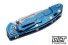 Hinderer 3.5" XM-18 Non Flipper Fullered Spear 20CV - Blue Anodized Titanium - Stonewashed Blade - Black G-10