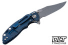 Hinderer 3" XM-18 Bowie 20CV - Battle Blue Anodized Titanium - Working Finish Blade - Black G-10 - Back