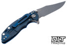Hinderer 3" XM-18 Bowie 20CV - Battle Blue Anodized Titanium - Working Finish Blade - Blue G-10 - Back