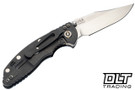Hinderer 3" XM-18 Non Flipper Bowie 20CV - Working Finish Titanium - Stonewashed Blade - Blue & Black G-10 - Back