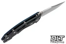 Hinderer 3" XM-18 Non Flipper Bowie 20CV - Working Finish Titanium - Stonewashed Blade - Blue & Black G-10