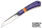 Hammer Down Forge Companion -Purple & Yellow Vibe Linen Micarta - White Liners - AEB-L Blade - Frame Handle
