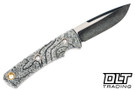 Vehement Knives - Custom Foreman - Black and White Topo GripX - Black Liners - HG  2 Tone Blade - Brown Leather - Tapered Tang #650