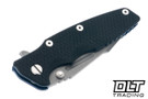 Hinderer Eklipse Skinny Fullered Harpoon Spanto - Battle Blue Anodized Titanium - Working Finish Blade - Black G-10