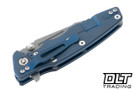 Hinderer Eklipse Skinny Fullered Harpoon Spanto - Battle Blue Anodized Titanium - Working Finish Blade - Black G-10