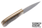 Corey Dunlap Drop Point EDC - Blasted & Tumbled AEB-L - Rattlesnake Skin Resin - Brown Micarta Pins