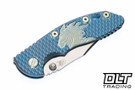 Hinderer 3" XM-18 Non Flipper Bowie 20CV - Textured Blue Titanium - Stonewashed Blade - Blue & Light Blue Textured Titanium Horse Head Scale - Light Blue Hardware
