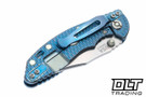 Hinderer 3" XM-18 Non Flipper Bowie 20CV - Textured Blue Titanium - Stonewashed Blade - Blue & Light Blue Textured Titanium Horse Head Scale - Light Blue Hardware