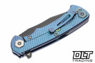 Hinderer Project X Clip Point MagnaCut - Blue & Purple Titanium - Battle Black Blade - Blue & Purple Titanium Horse Head Scale - Light Blue Hardware