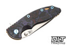 Hinderer 3.25" XM-18 Spanto MagnaCut - Rose Gold Titanium - Stonewashed Blade - Purple Fat Carbon Scale - Blue Hardware