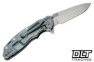 Hinderer 3.25" XM-18 Spanto MagnaCut - Bead Blasted Light Blue Titanium - Bead Blasted Blade - Cocobolo Scale - Light Blue Hardware - Back
