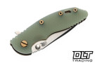 Hinderer 3.25" XM-18 Spanto MagnaCut - Battle Bronze Titanium - Stonewashed Blade - Translucent Green G-10 - Bronze Hardware