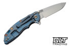 Hinderer 3.25" XM-18 Spanto MagnaCut - Bead Blasted Blue Titanium - Bead Blasted Blade - Cocobolo Scale - Bronze Hardware - Back