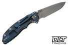 Hinderer 3.25" XM-18 Non Flipper Spanto MagnaCut - Battle Blue Titanium - Working Finish Blade - Translucent Green G-10 - Blue Hardware - Back