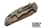 Hinderer 3.5" XM-18 Spanto 20CV - Bronze Titanium - Oil Rubbed Bronze Blade - Smooth Coyote G-10 - Blue Hardware