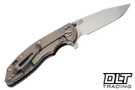 Hinderer 3.5" XM-18 Harpoon Spanto MagnaCut - Bead Blasted Bronze & Purple Horse Head Titanium - Bead Blasted Blade - Cocobolo Scale - Purple Hardware - Back