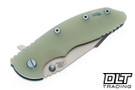 Hinderer 3.5" XM-18 Harpoon Spanto MagnaCut - Bead Blasted Blue Titanium - Bead Blasted Blade - Smooth Translucent Green G-10 - Bead Blasted Blue Hardware