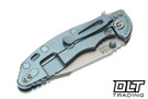 Hinderer 3.5" XM-18 Harpoon Spanto MagnaCut - Bead Blasted Blue Titanium - Bead Blasted Blade - Smooth Translucent Green G-10 - Bead Blasted Blue Hardware