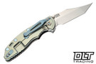 Hinderer 3.5" XM-18 Non Flipper Aggressor MagnaCut - Bead Blasted Green Titanium - Two Tone Bead Blasted Blade - Cocobolo Scale - Light Blue Hardware - Back