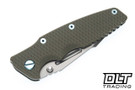 Hinderer Eklipse Non Flipper Skinny Fullered Harpoon Spanto MagnaCut - Textured Bead Blasted Light Green Titanium - Bead Blasted Blade - OD Green G-10 - Light Blue Hardware