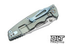 Hinderer Eklipse Non Flipper Skinny Fullered Harpoon Spanto MagnaCut - Textured Bead Blasted Light Green Titanium - Bead Blasted Blade - OD Green G-10 - Light Blue Hardware