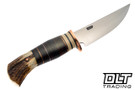 Rocco Handmade Fox River Hunter - Scagel Style Black & Blue Fiber Handle - Vintage Ivory Paper and Horse Hide Spacers - Sambar Stag Carver Butt