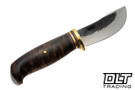 Rocco Handmade Hammer Mark Woody - Curly Tasmanian Blackwood Handle - Black, Vintage Tan and Purple Linen Spacers