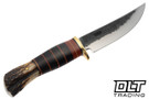 Rocco Handmade Hammer Mark Big Bay Hunter - Scagel Style Horse Hide Handle - Black, Red & Vintage Tan Fiber Spacers - Sambar Stag Pommel