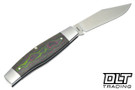 Jack Wolf Knives Stockman slip joint with Watermelon Sugar CamoCarbon handles and a Satin 14C28N Blade. 