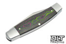 Jack Wolf Knives Stockman slip joint with Watermelon Sugar CamoCarbon handles and a Satin 14C28N Blade sohwn closed. 