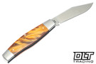 Jack Wolf Knives Stockman knife with root beer Kirinite handle shown open with a satin polished blade.