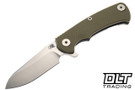 Hinderer Project X Sheepsfoot MagnaCut - Working Finish Titanium - Stonewashed Blade - OD Green G-10