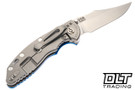 Hinderer 3.5" XM-18 Non Flipper Bowie MagnaCut - Bead Blasted Titanium - Stonewashed Blade - Blue G-10 - Back
