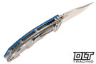 Hinderer 3.5" XM-18 Non Flipper Bowie MagnaCut - Bead Blasted Titanium - Stonewashed Blade - Blue G-10