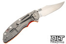 Hinderer 3.5" XM-18 Non Flipper Bowie MagnaCut - Bead Blasted Titanium - Stonewashed Blade - Orange G-10 - Back