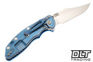 Hinderer 3.5" XM-18 Non Flipper Bowie MagnaCut - Blue Anodized Bead Blasted Titanium - Stonewashed Blade - Blue G-10 - Back