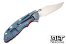 Hinderer 3.5" XM-18 Non Flipper Bowie MagnaCut - Blue Anodized Bead Blasted Titanium - Stonewashed Blade - Red G-10 - Back