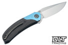 Reate TF-4 M398 Belt Satin Blade - Black DLC Titanium Handle - Crystalized Blue Titanium Bolster - Carbon Fiber Inlay