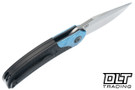 Reate TF-4 M398 Belt Satin Blade - Black DLC Titanium Handle - Crystalized Blue Titanium Bolster - Carbon Fiber Inlay