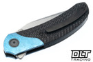 Reate TF-4 M398 Belt Satin Blade - Black DLC Titanium Handle - Crystalized Blue Titanium Bolster - Carbon Fiber Inlay
